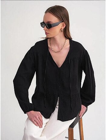 Blusa de manga comprida de corte descontraído com laço no decote mixray