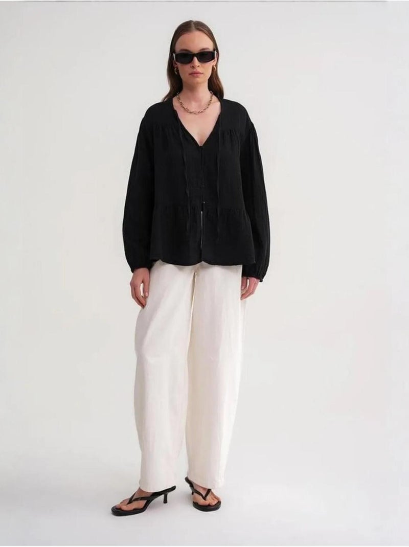 Blusa de manga comprida de corte descontraído com laço no decote mixray Preto - Kiabi