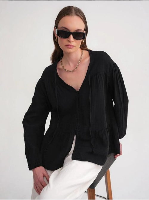 Blusa de manga comprida de corte descontraído com laço no decote mixray - Kiabi Blusa de manga comprida de corte descontraído com laço no decote mixray - Kiabi