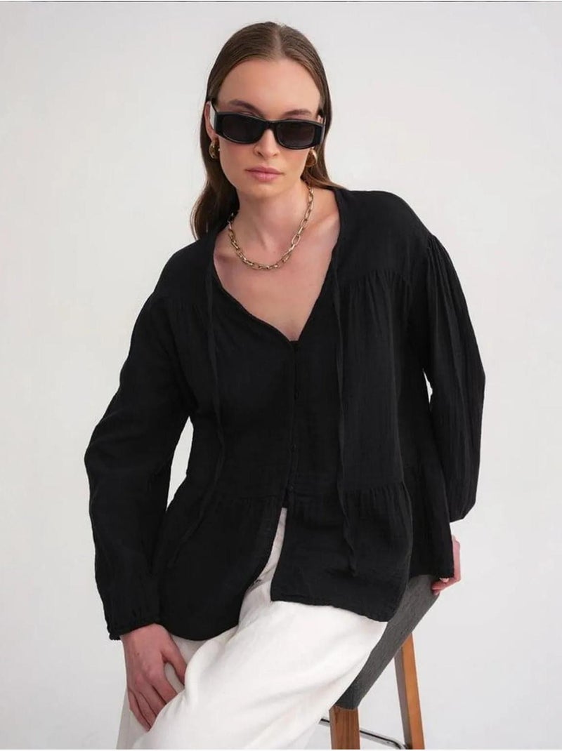 Blusa de manga comprida de corte descontraído com laço no decote mixray Preto - Kiabi