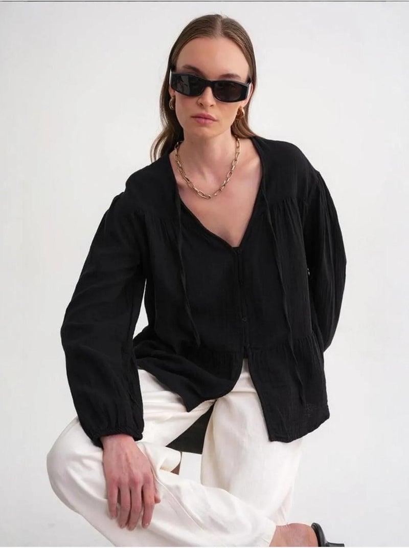 Blusa de manga comprida de corte descontraído com laço no decote mixray Preto - Kiabi