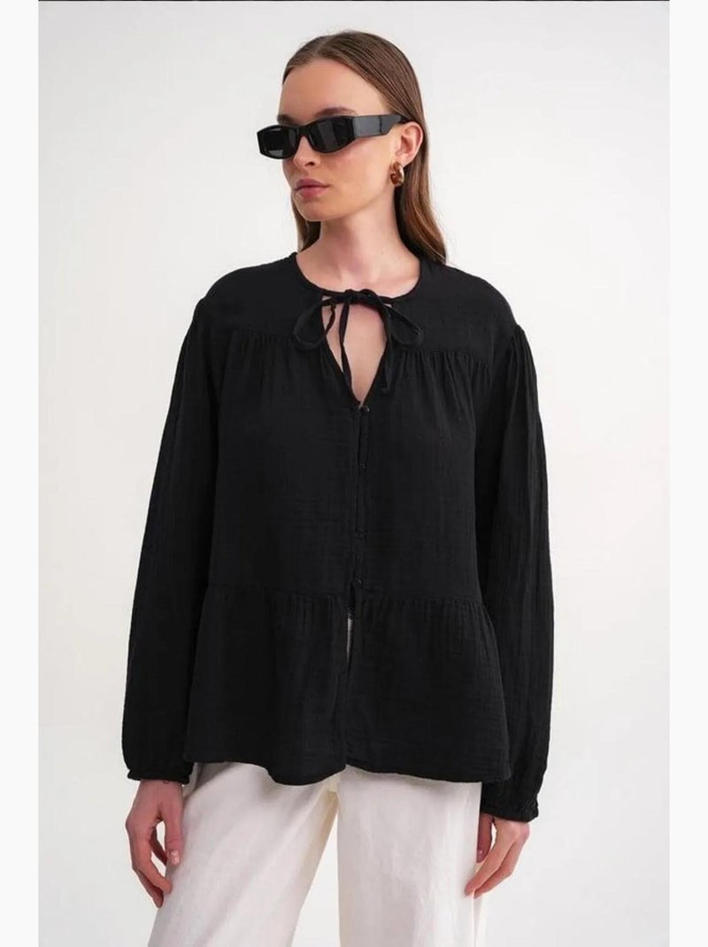 Blusa de manga comprida de corte descontraído com laço no decote mixray Preto - Kiabi