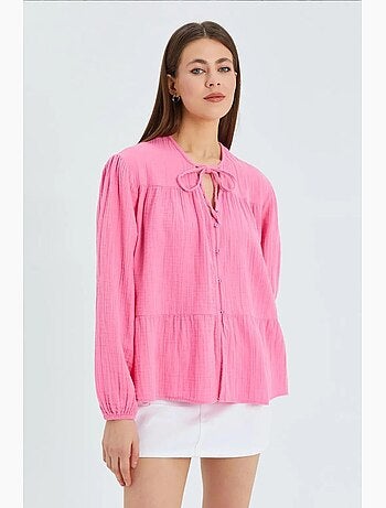 Blusa de manga comprida de corte descontraído com laço no decote mixray