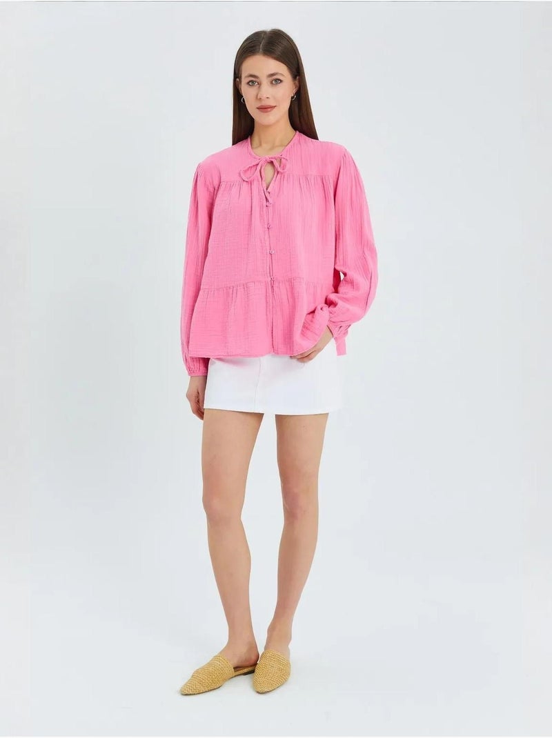 Blusa de manga comprida de corte descontraído com laço no decote mixray Rosa-fluo/Solinotes - Kiabi