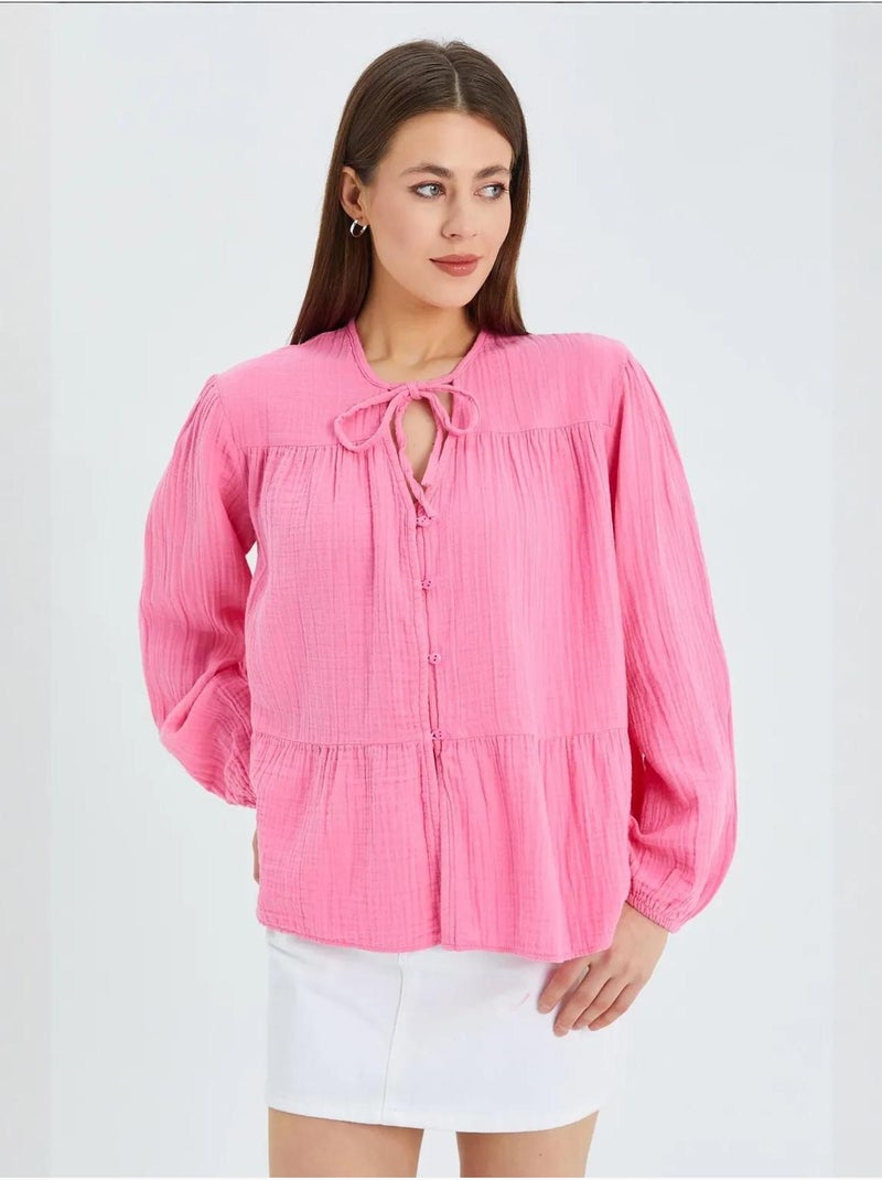 Blusa de manga comprida de corte descontraído com laço no decote mixray Rosa-fluo/Solinotes - Kiabi