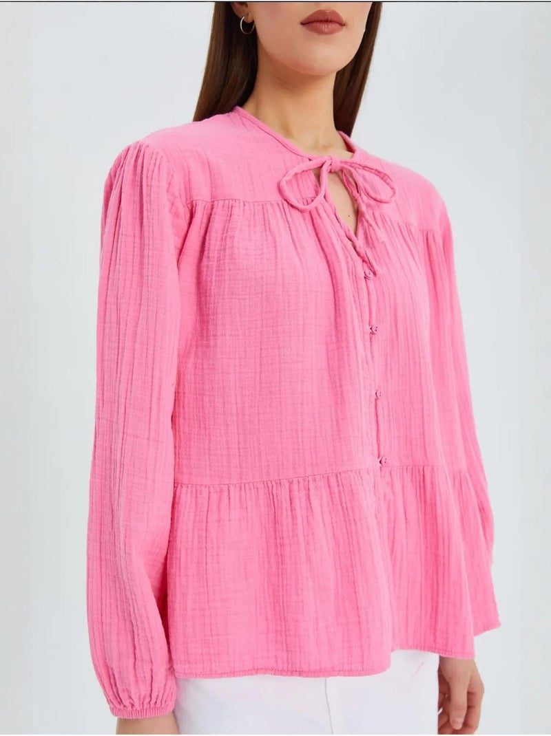 Blusa de manga comprida de corte descontraído com laço no decote mixray Rosa-fluo/Solinotes - Kiabi