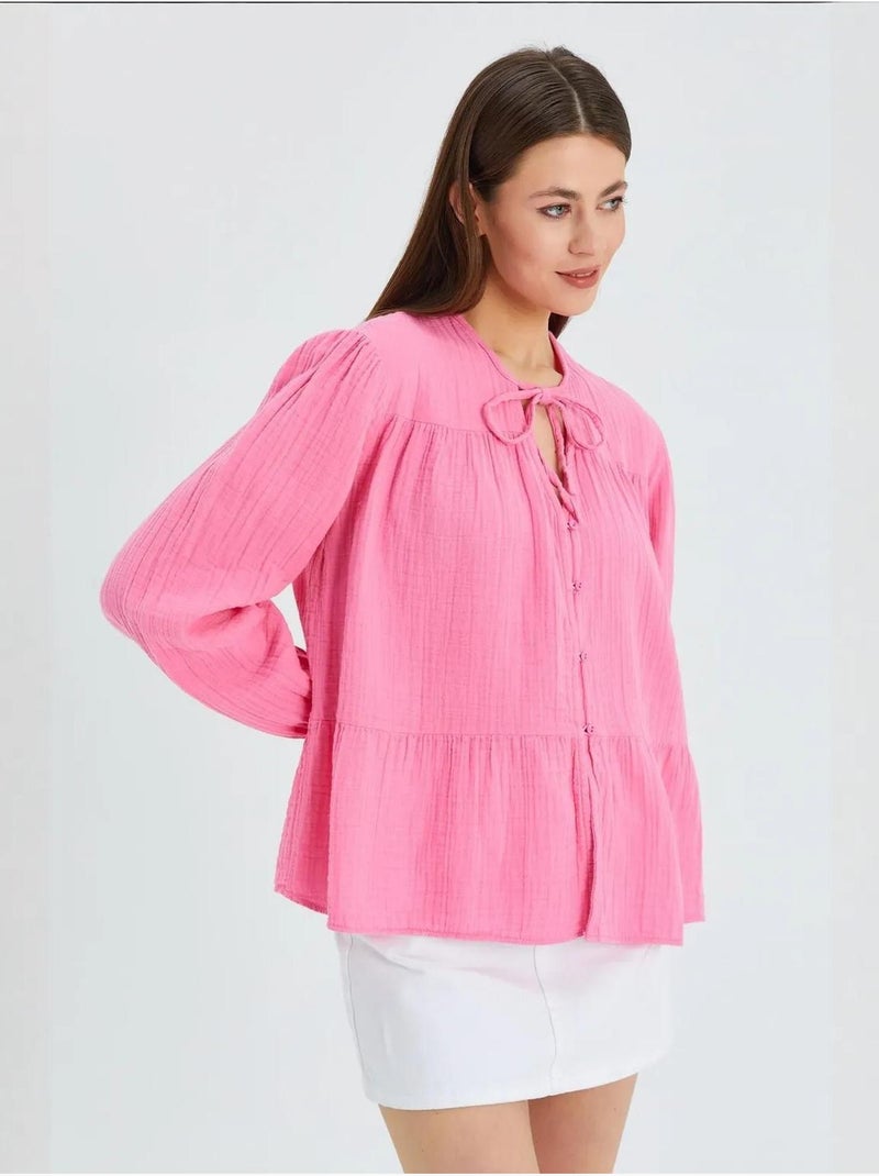 Blusa de manga comprida de corte descontraído com laço no decote mixray Rosa-fluo/Solinotes - Kiabi