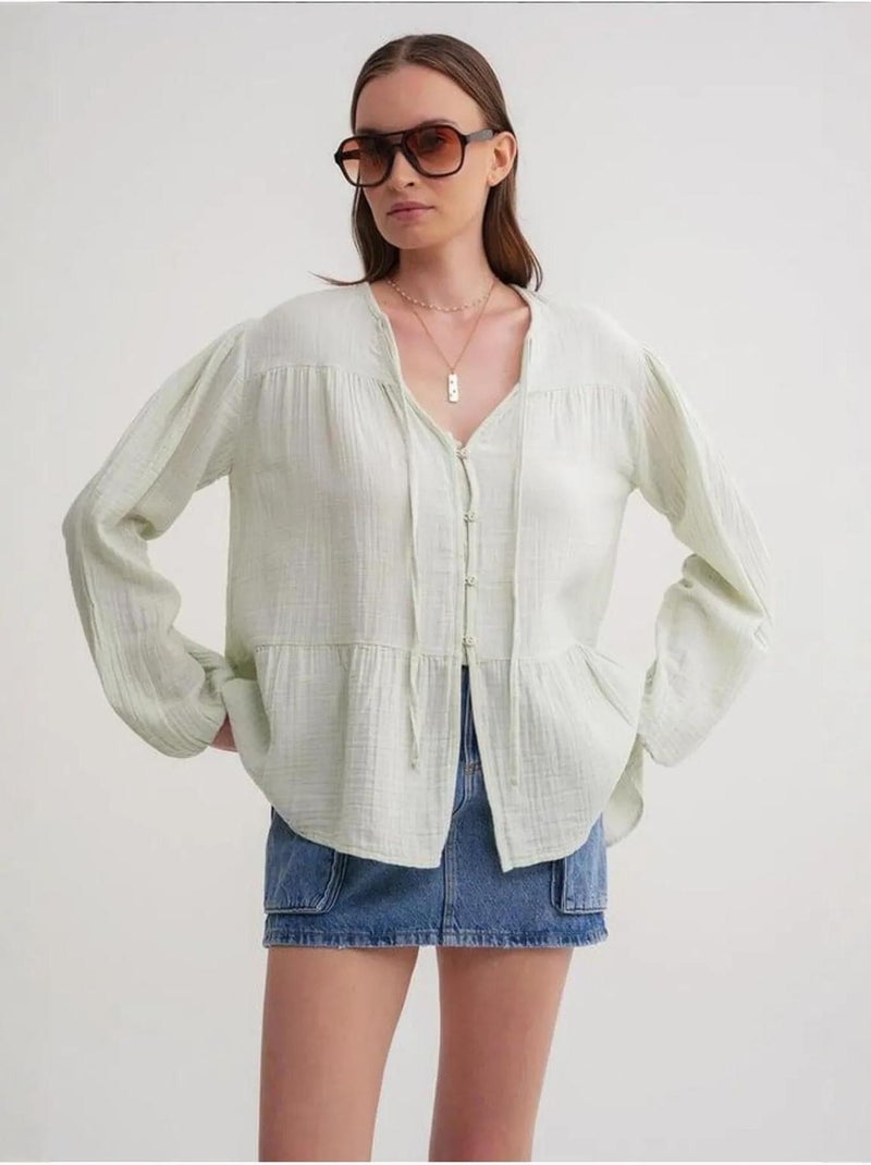 Blusa de manga comprida de corte descontraído com laço no decote mixray Verde menta - Kiabi