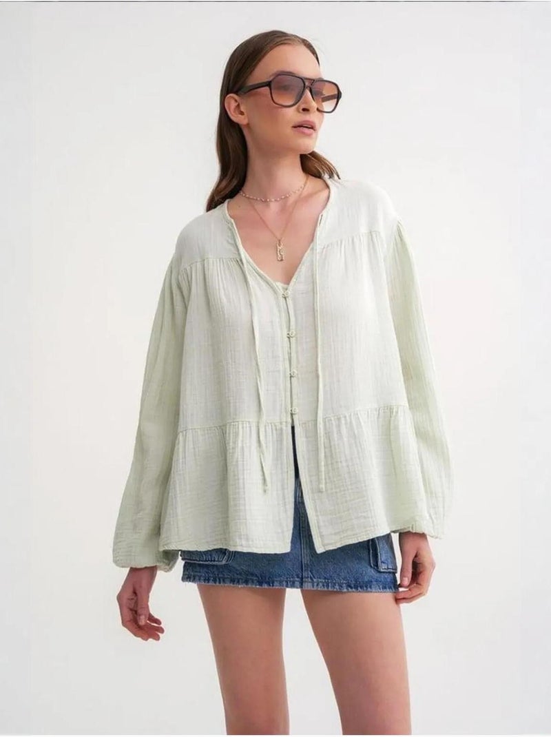 Blusa de manga comprida de corte descontraído com laço no decote mixray Verde menta - Kiabi