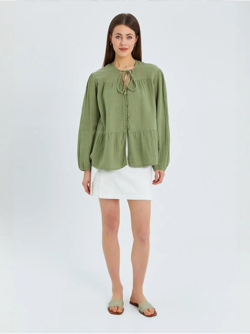 Blusa de manga comprida de corte descontraído com laço no decote mixray Verde pastel - Kiabi