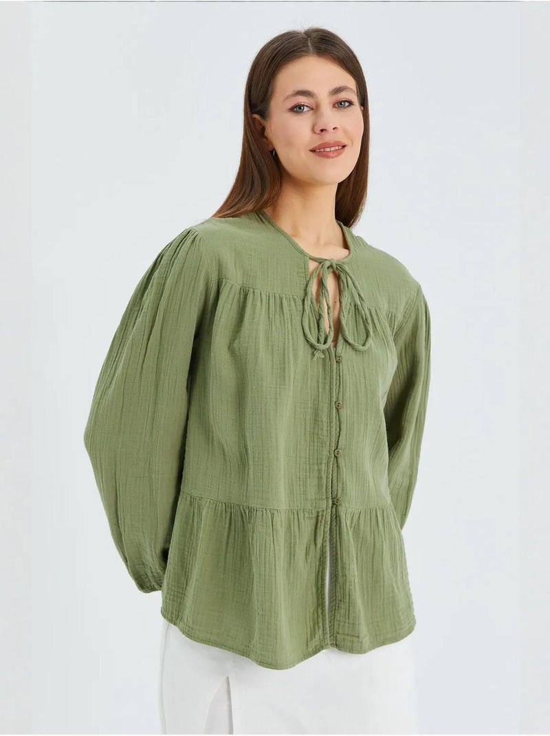 Blusa de manga comprida de corte descontraído com laço no decote mixray Verde pastel - Kiabi