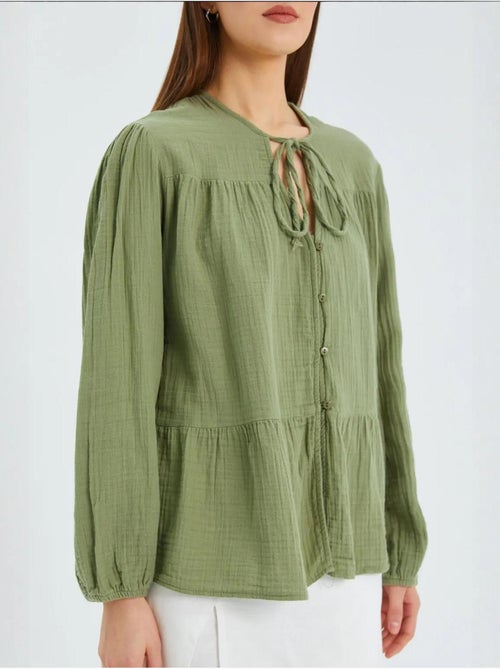 Blusa de manga comprida de corte descontraído com laço no decote mixray - Kiabi Blusa de manga comprida de corte descontraído com laço no decote mixray - Kiabi