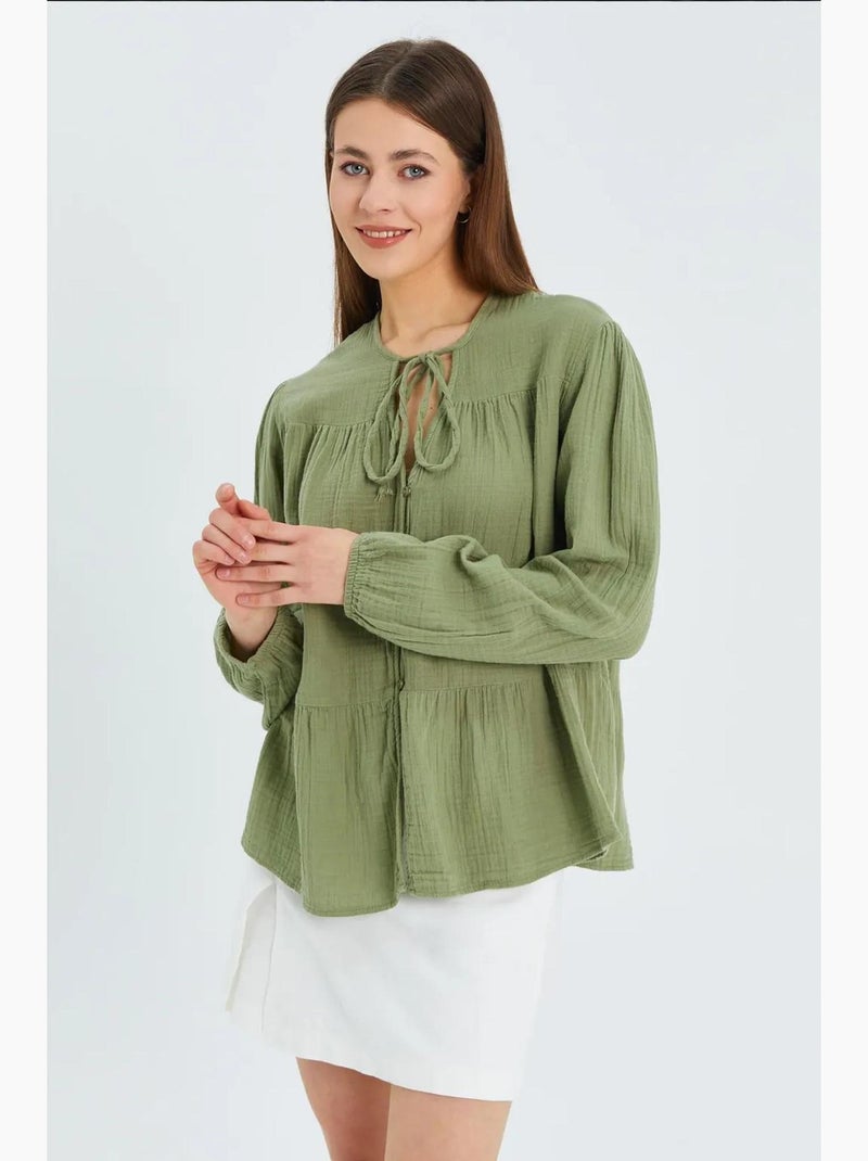 Blusa de manga comprida de corte descontraído com laço no decote mixray Verde pastel - Kiabi