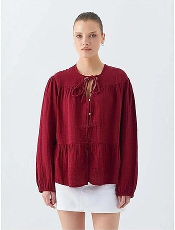Blusa de manga comprida de corte descontraído com laço no decote mixray