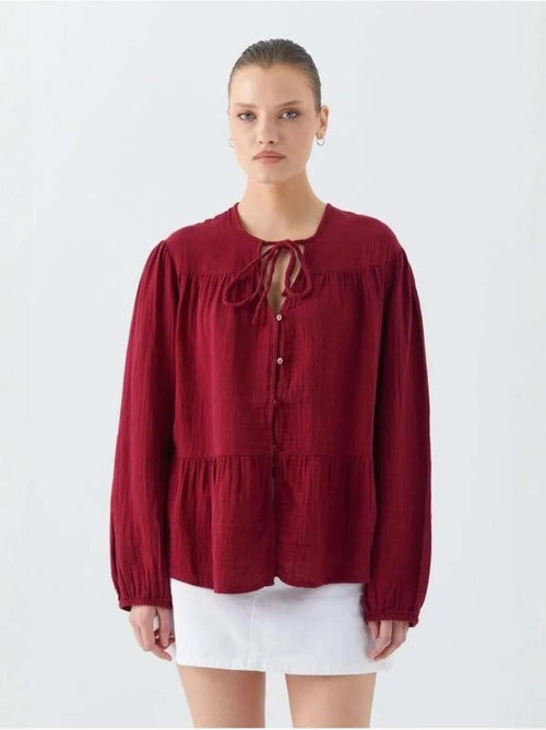 Blusa de manga comprida de corte descontraído com laço no decote mixray - Kiabi Blusa de manga comprida de corte descontraído com laço no decote mixray - Kiabi