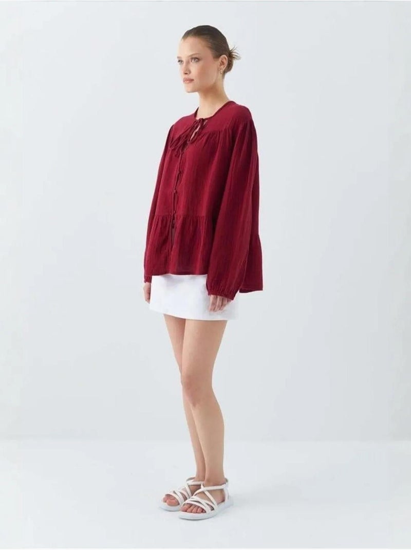 Blusa de manga comprida de corte descontraído com laço no decote mixray Vermelho bordô - Kiabi
