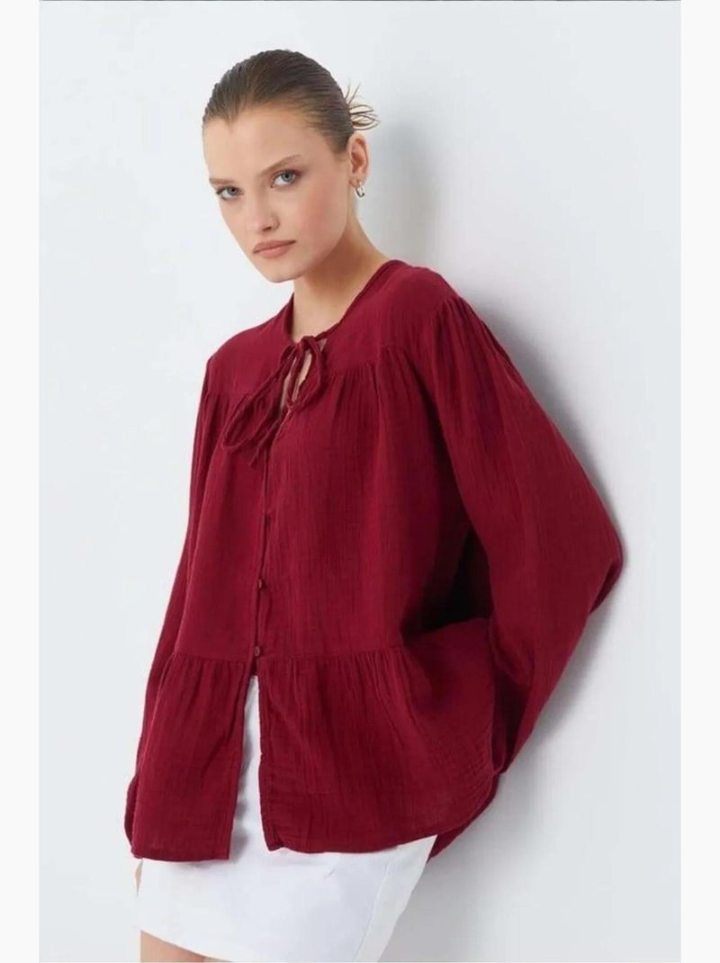 Blusa de manga comprida de corte descontraído com laço no decote mixray Vermelho bordô - Kiabi