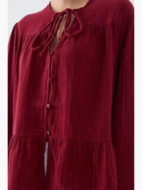 Blusa de manga comprida de corte descontraído com laço no decote mixray - Kiabi Blusa de manga comprida de corte descontraído com laço no decote mixray - Kiabi