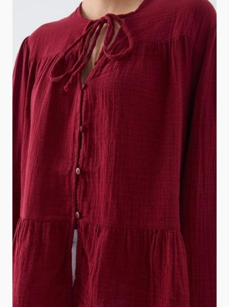 Blusa de manga comprida de corte descontraído com laço no decote mixray Vermelho bordô - Kiabi