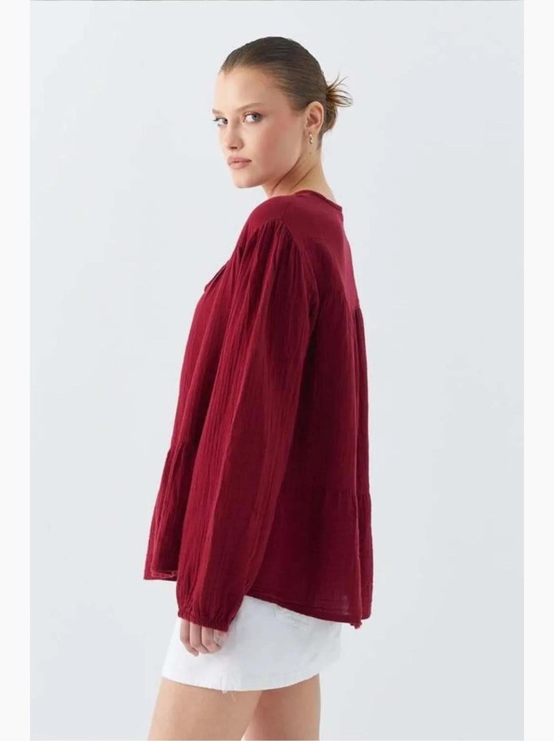 Blusa de manga comprida de corte descontraído com laço no decote mixray Vermelho bordô - Kiabi