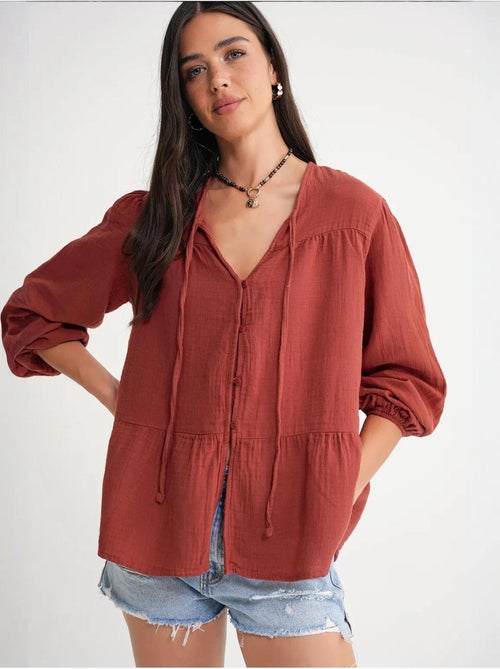 Blusa de manga comprida de corte descontraído com laço no decote mixray - Kiabi Blusa de manga comprida de corte descontraído com laço no decote mixray - Kiabi