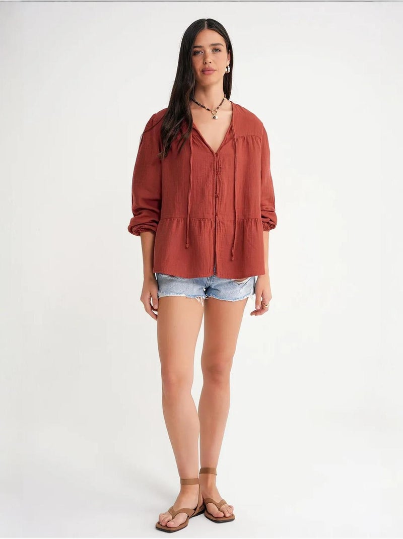 Blusa de manga comprida de corte descontraído com laço no decote mixray Vermelho escuro - Kiabi
