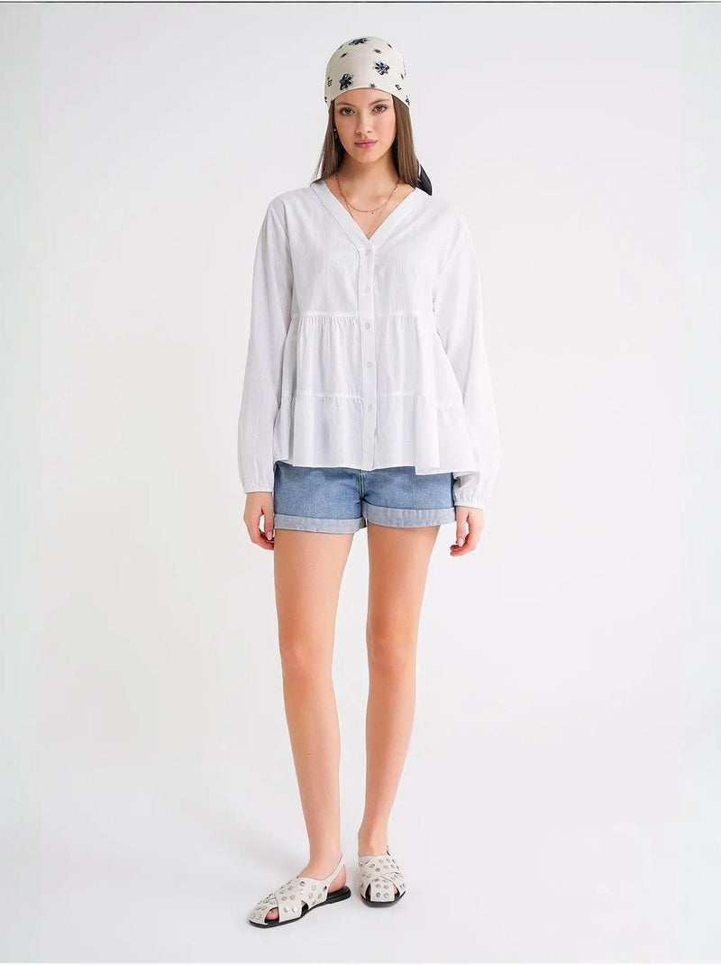 Blusa de manga comprida em camadas com decote em v mixray Branco - Kiabi