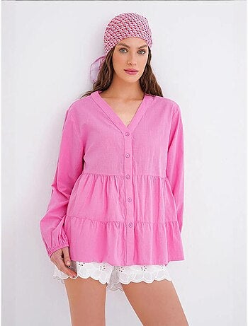 Blusa de manga comprida em camadas com decote em v mixray