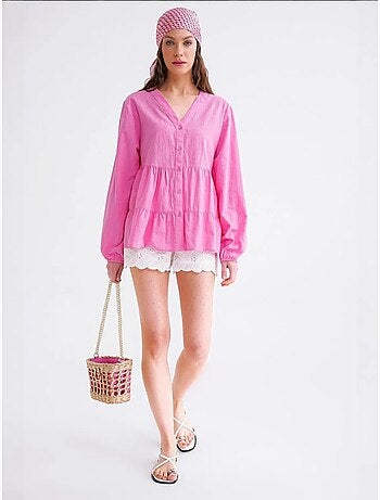 Blusa de manga comprida em camadas com decote em v mixray