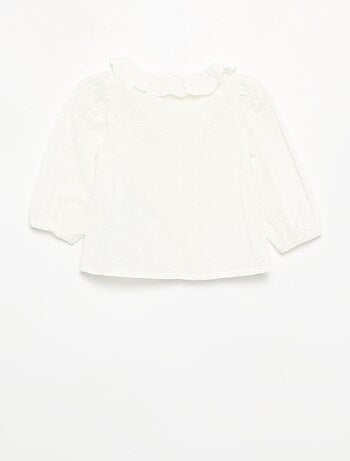 Blusa de manga comprida em voile de algodão com flores bordadas