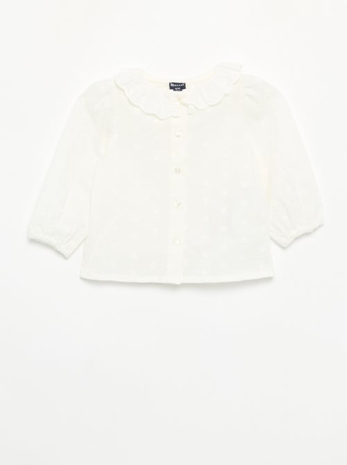 Blusa de manga comprida em voile de algodão com flores bordadas - Kiabi