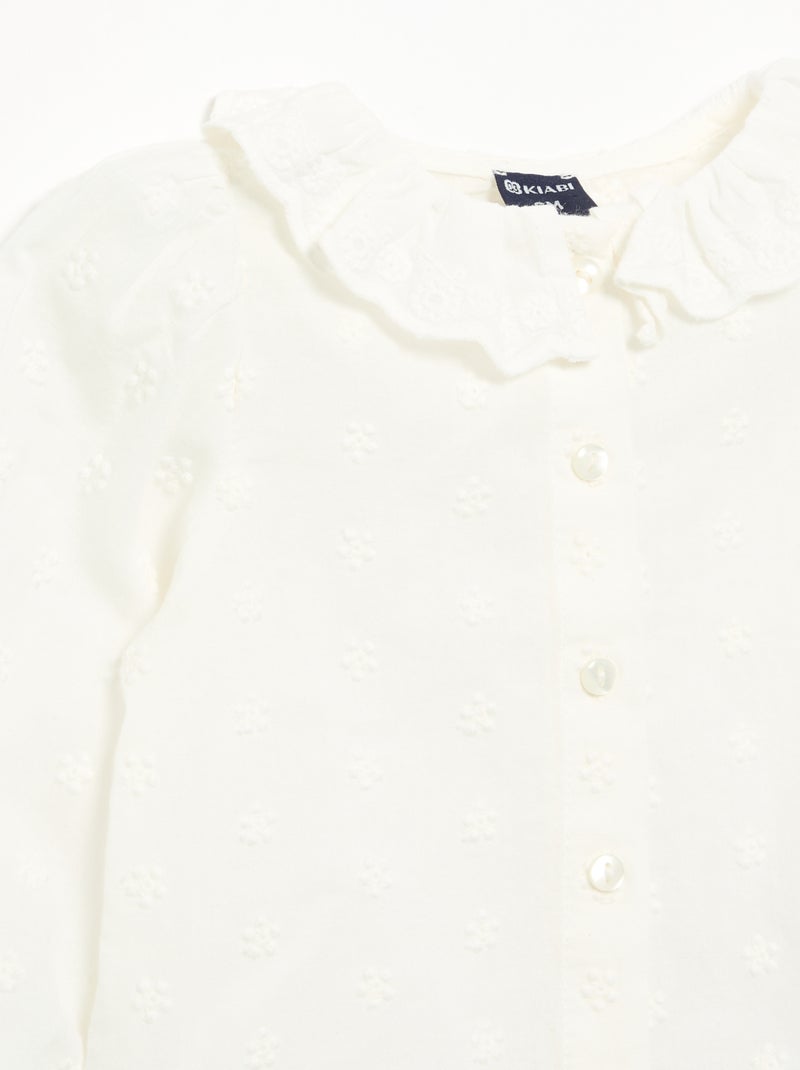 Blusa de manga comprida em voile de algodão com flores bordadas Branco - Kiabi