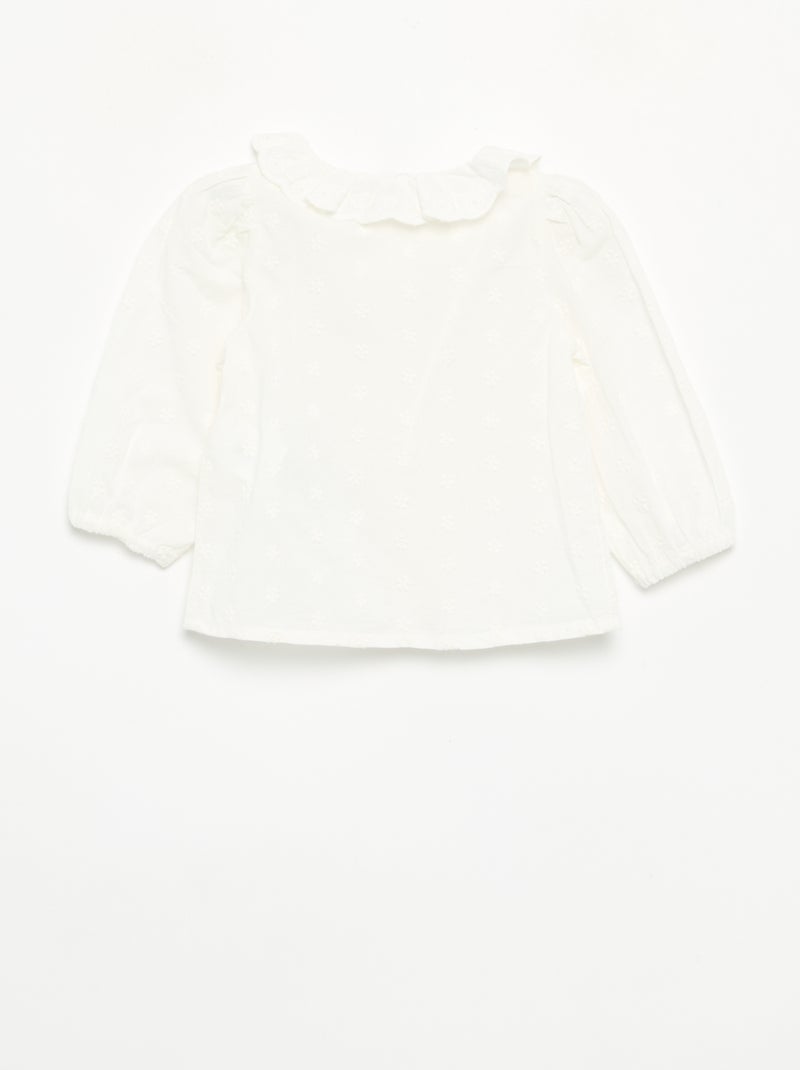 Blusa de manga comprida em voile de algodão com flores bordadas Branco - Kiabi
