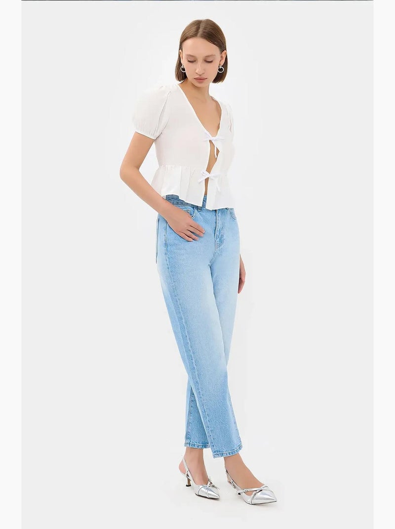Blusa de manga curta com atilhos à frente e decote em v hiccup Branco - Kiabi