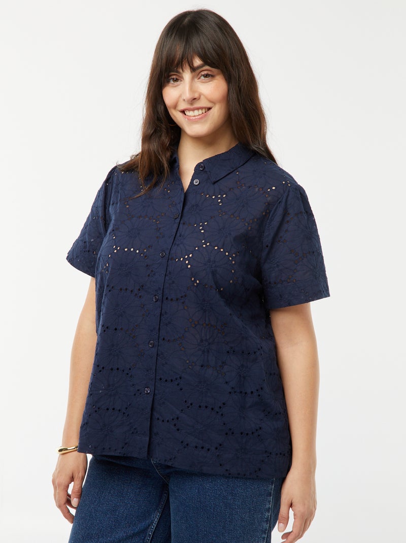 Blusa de manga curta com bordado inglês AZUL - Kiabi