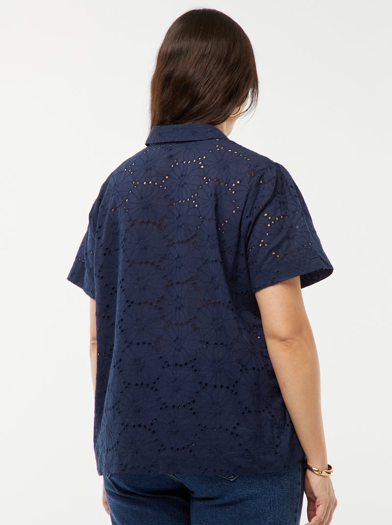 Blusa de manga curta com bordado inglês AZUL - Kiabi
