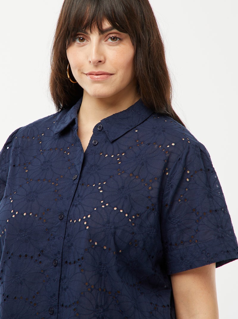 Blusa de manga curta com bordado inglês AZUL - Kiabi