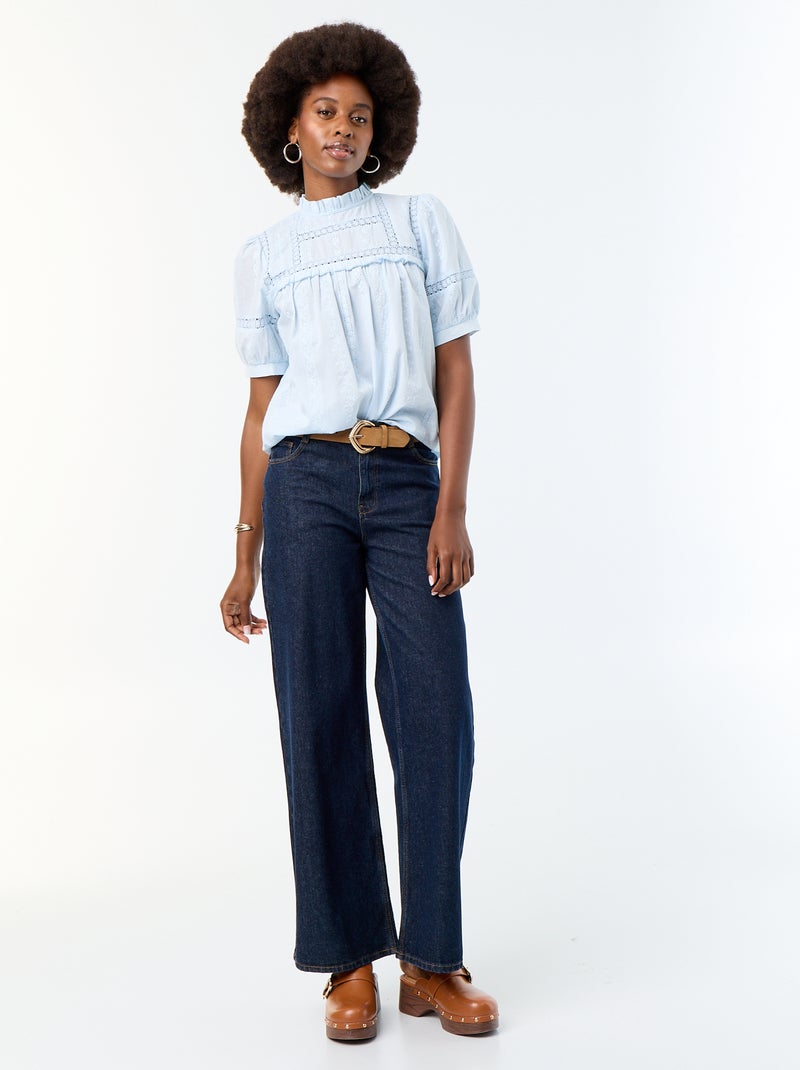Blusa de manga curta com bordados Azul - Kiabi
