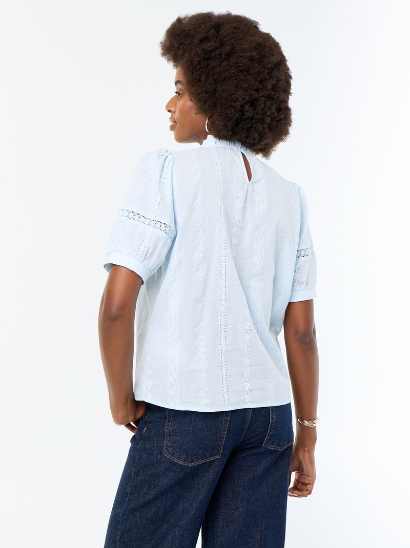 Blusa de manga curta com bordados Azul - Kiabi