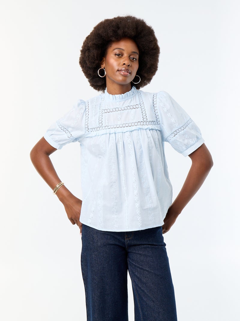 Blusa de manga curta com bordados Azul - Kiabi