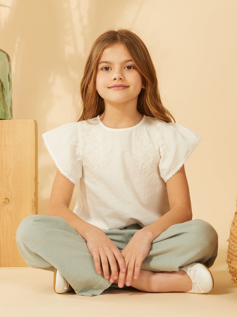 Blusa de manga curta com bordados Branco - Kiabi