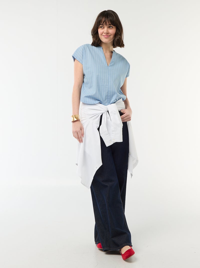 Blusa de manga curta com decote em V Azul - Kiabi