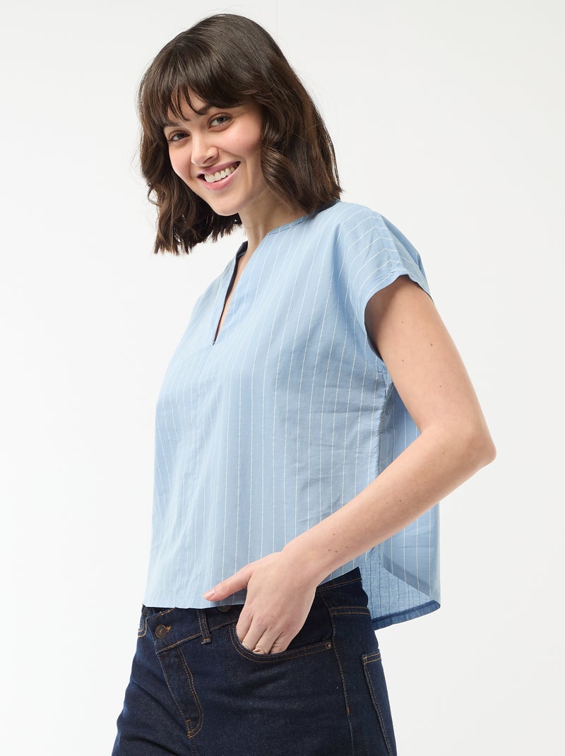 Blusa de manga curta com decote em V Azul - Kiabi