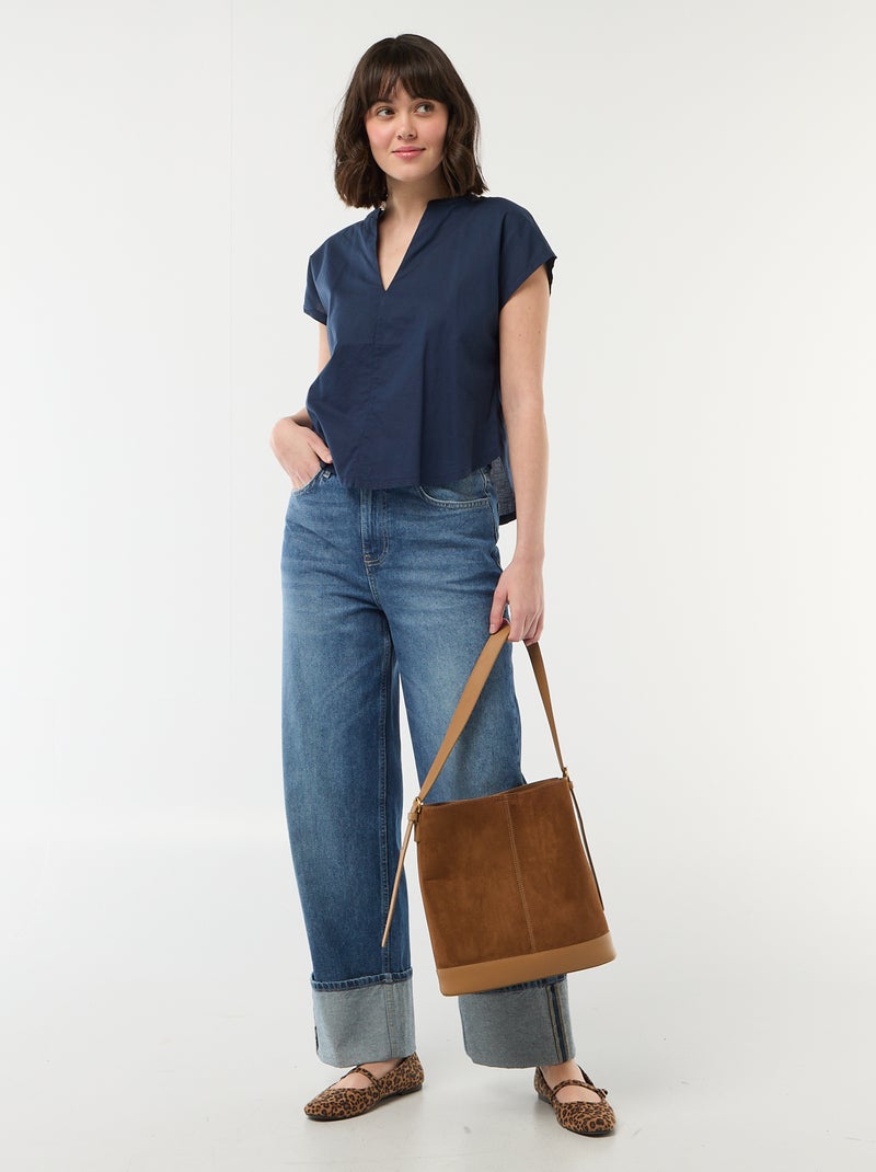 Blusa de manga curta com decote em V Azul - Kiabi