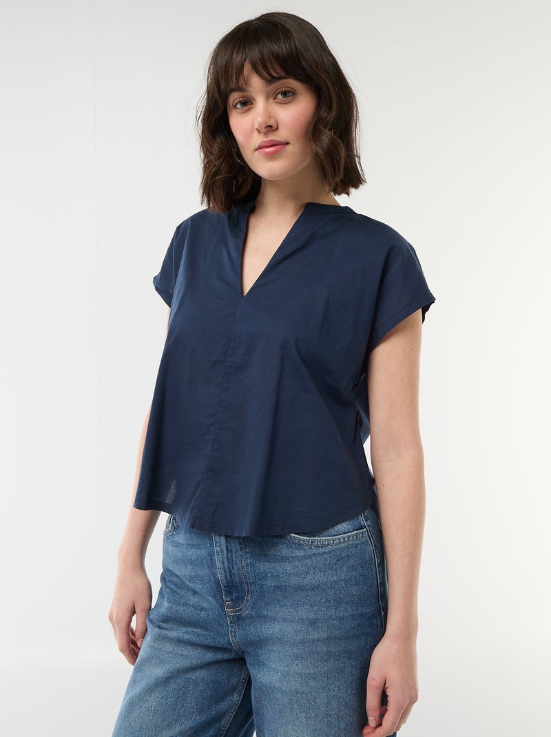 Blusa de manga curta com decote em V Azul - Kiabi