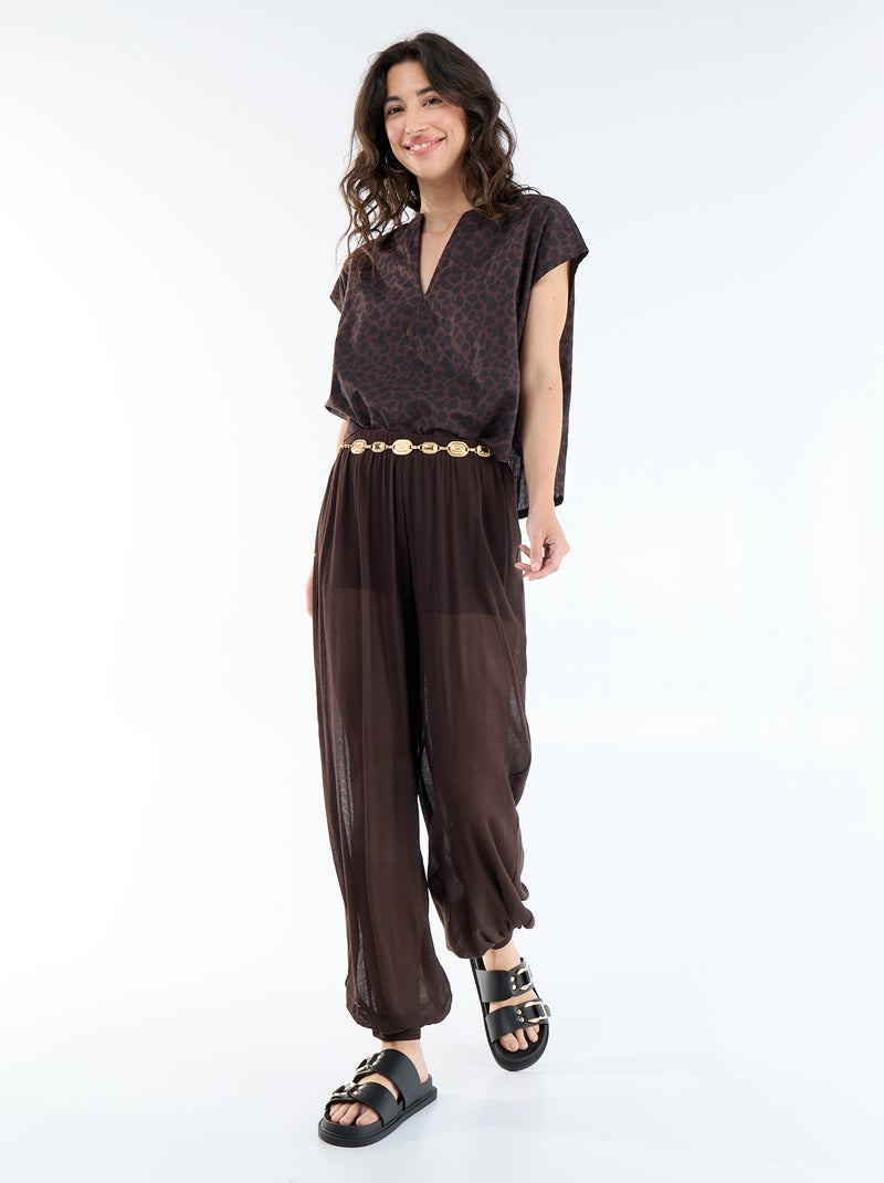 Blusa de manga curta com decote em V Castanho - Kiabi