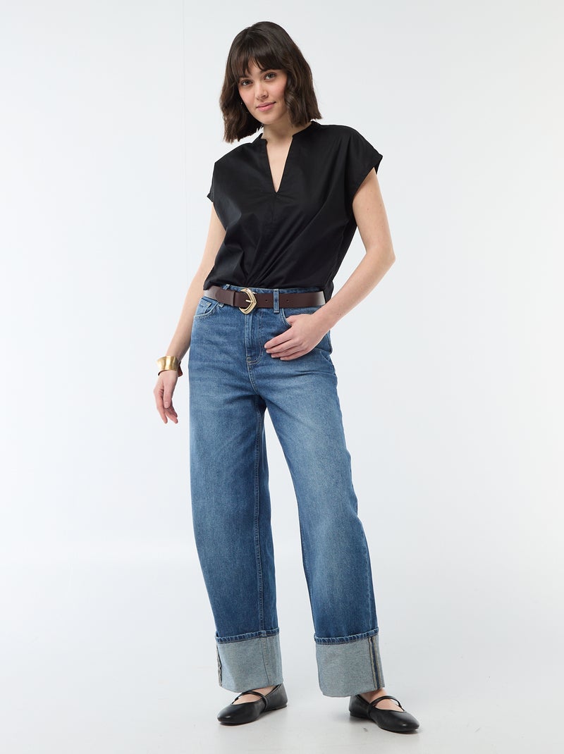 Blusa de manga curta com decote em V Preto - Kiabi