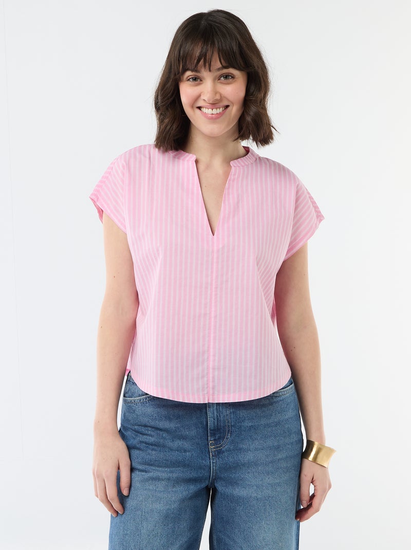 Blusa de manga curta com decote em V Rosa - Kiabi