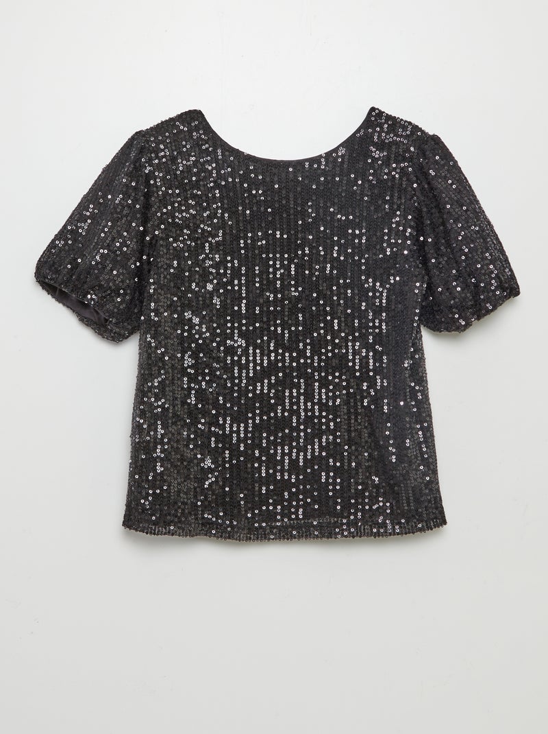 Blusa de manga curta com lantejoulas PRETO - Kiabi