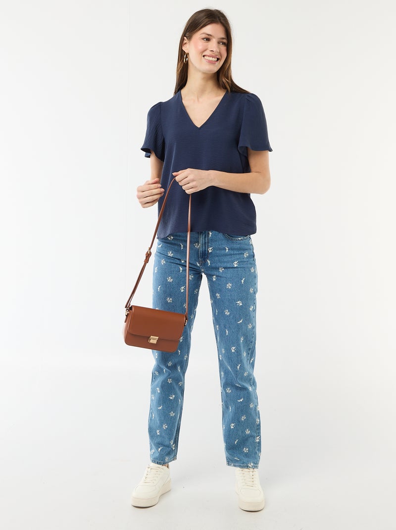Blusa de manga curta e decote em V Azul marinho - Kiabi